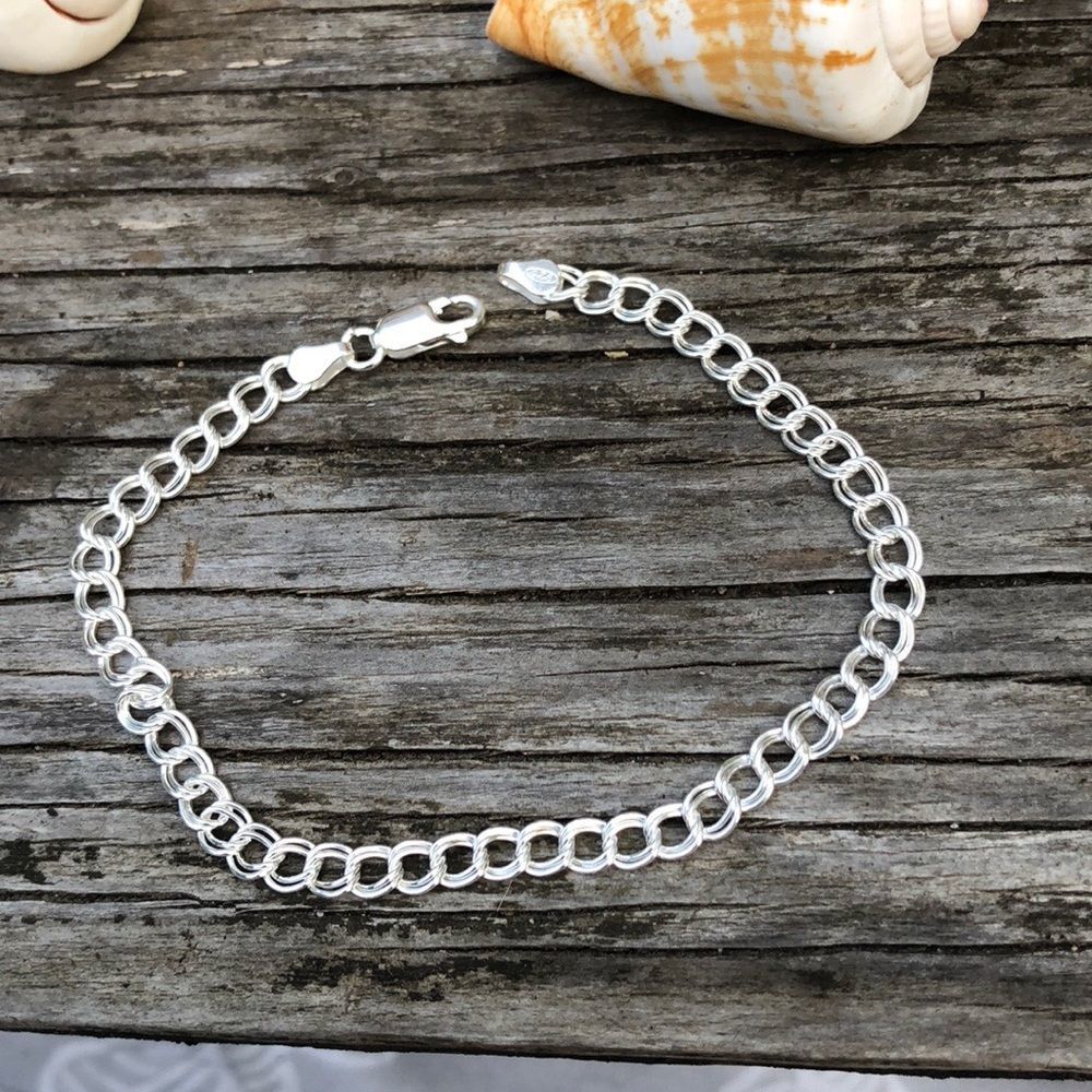 Solid Sterling silver .926 Double link bracelet. Charm Bracelet 6”